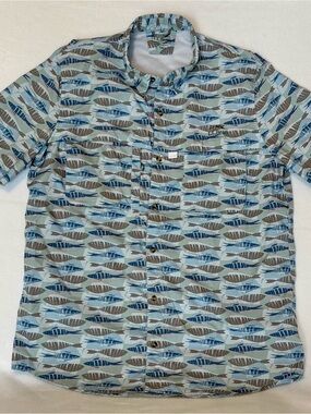 Men’s LL Bean Fish Print Tropicwear Button Up Short Sleeve Shirt Vented Sz LT